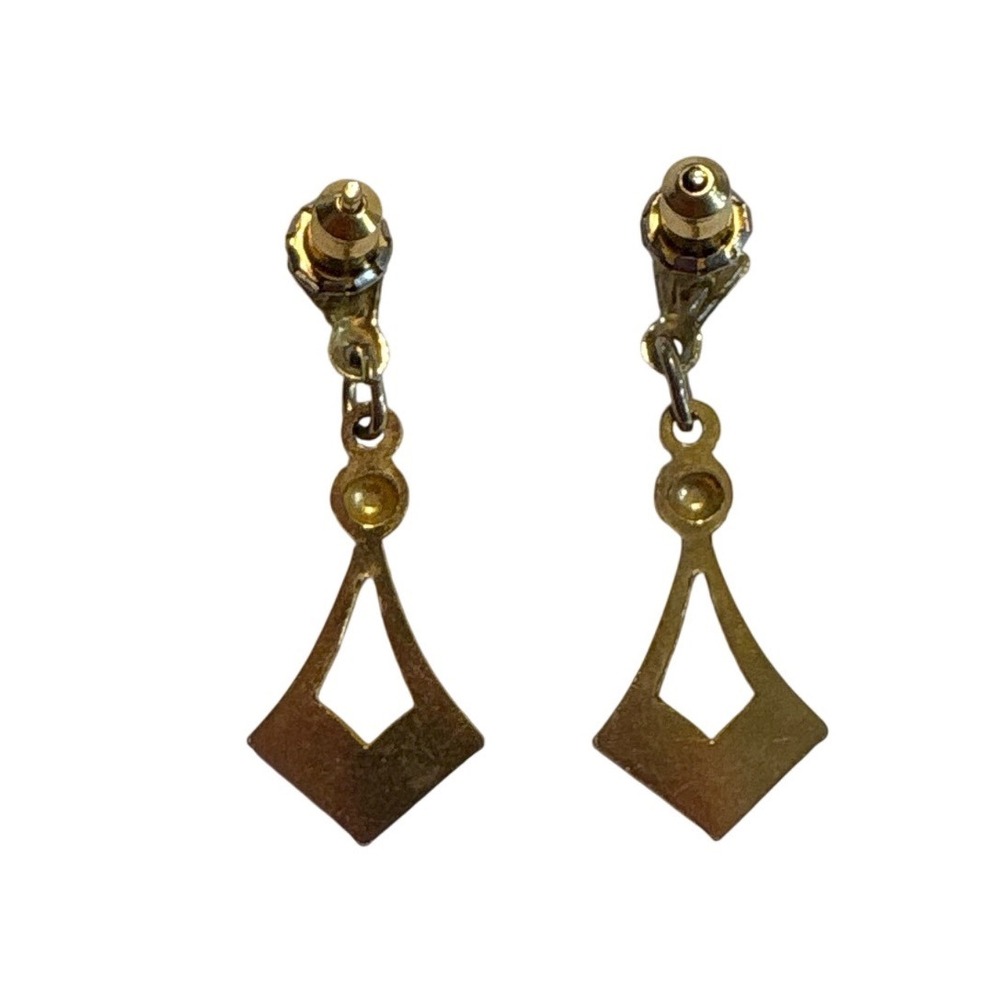 1960s Gold Tone Geometric Open Diamond Drop Dangle Earrings Textured Finish - Picture 6 of 12